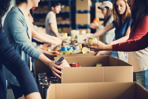 Photo of food bank workers handing out canned foods