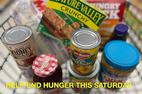 Photo of grocery card with the words Help End Hunger This Saturday