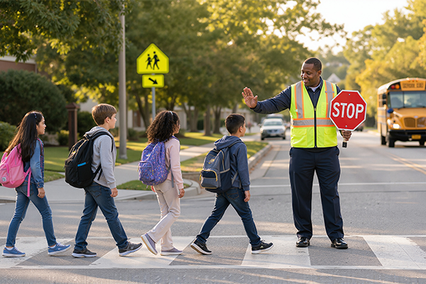 School crossing guard helping children cross the street