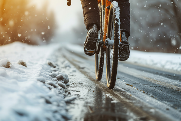 Bicyclist on a snowy winter road