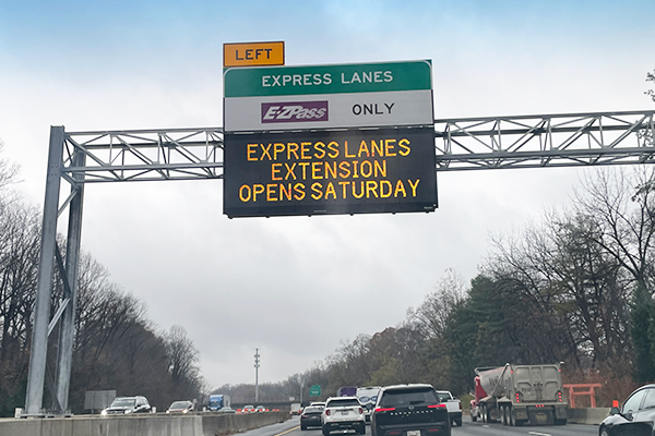 Photo of a highway sign that says the I-495 Express Lanes open Saturday