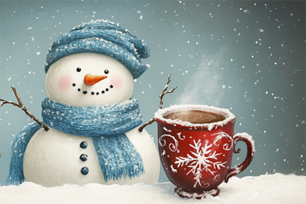 Illustration of a snowman next to mug of hot chocolate