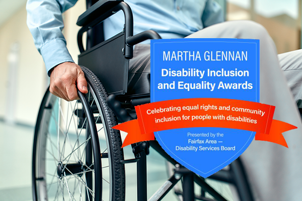 Photo of a person in a wheelchair with the Martha Glennan Disability Award logo