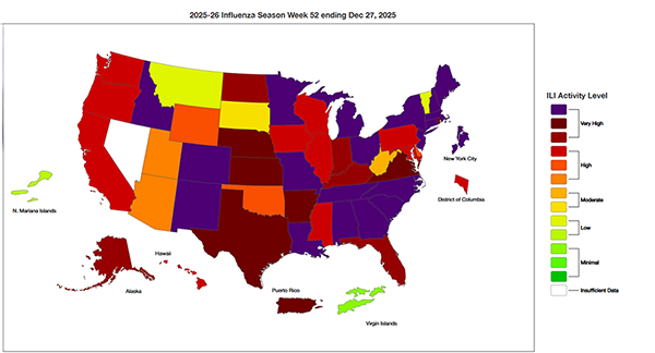 CDC map showing high flu activity across the U.S. as of Dec. 27 2025
