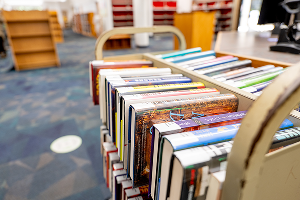 Books on cart at Reston Library