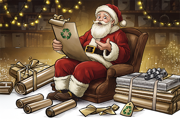 Santa holding a list of holiday items to be recycled