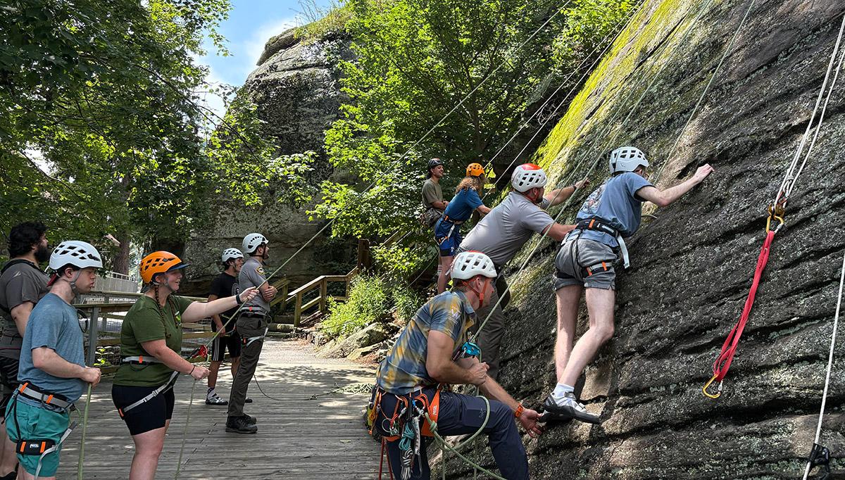 people rock climbing