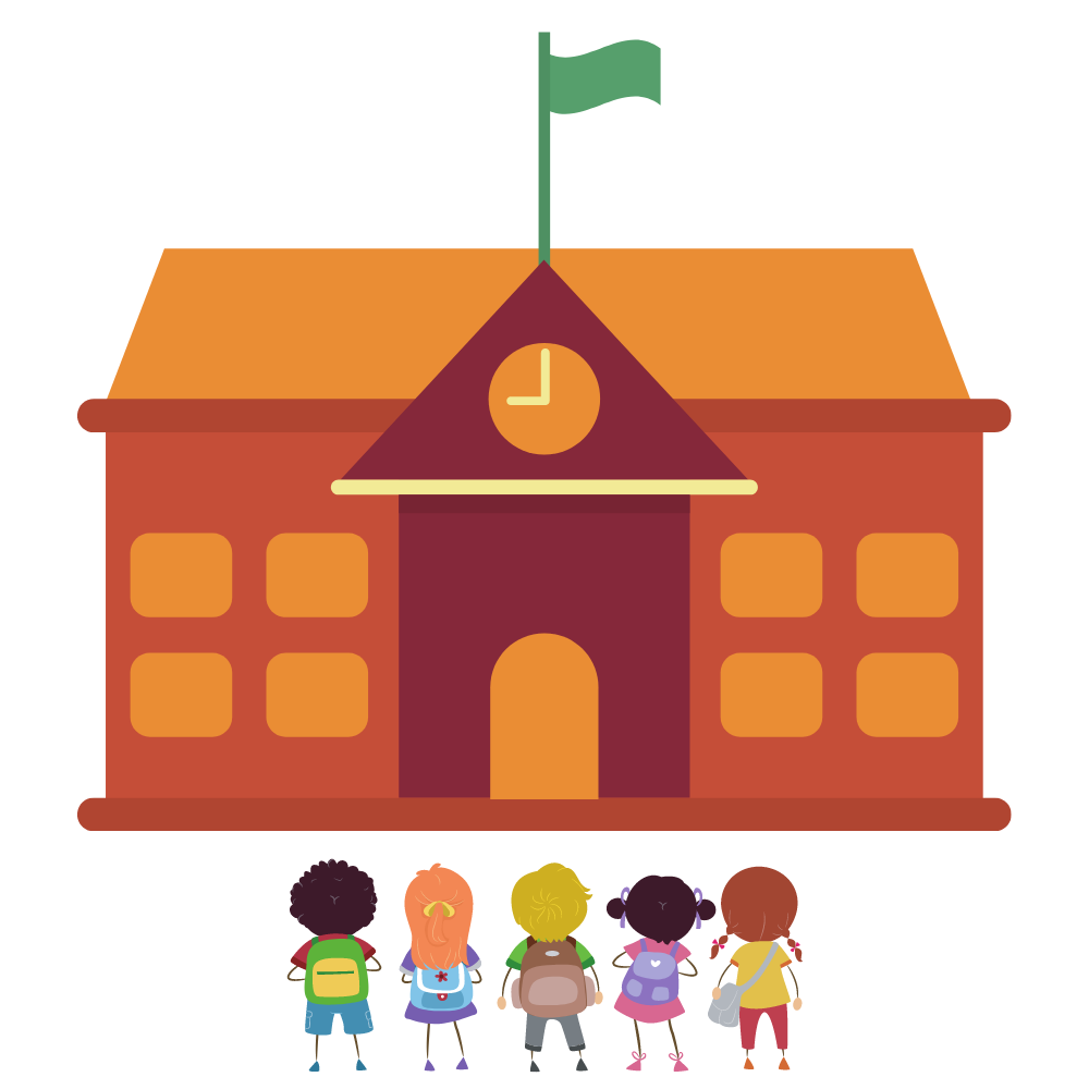 A group of children look at the front of a school building in front of them.