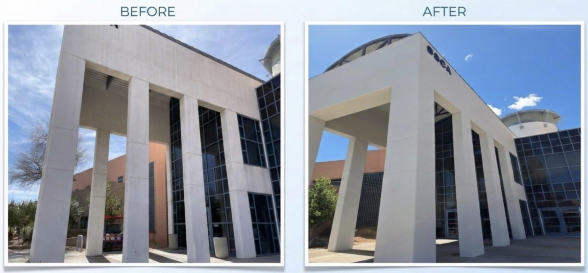 SCC-A entrance before and after painting, three quarters angle