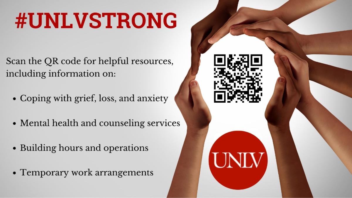A circle of hands with black text, a black and white QR code and a red and white UNLV logo