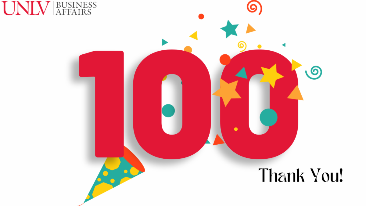 The number 100 is dispayed center with confetti. The Business Affairs logo is in the left corner. Text reads: "Thank You" in the right corner.