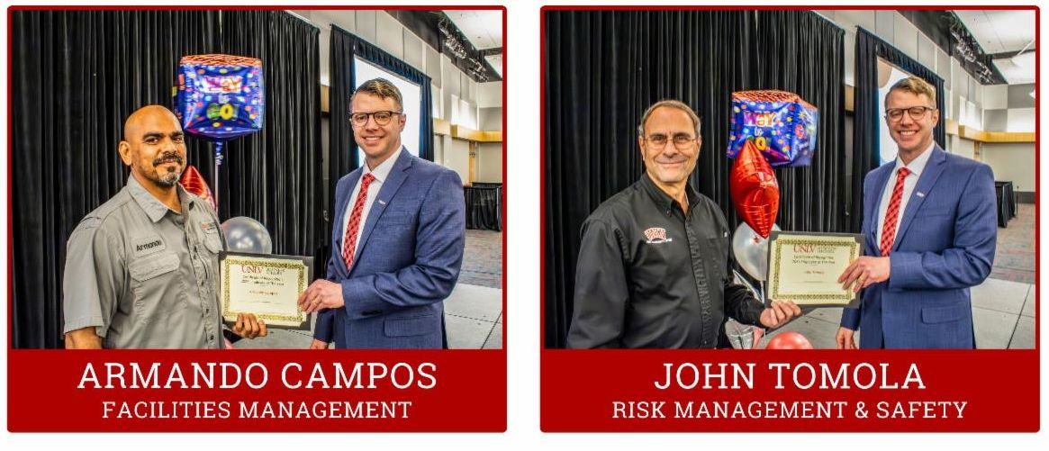 Armando Campos is a Latino man shaking hands with Casey Wyman who is a white man and John Tomola who is a white man shaking hands with Casey Wyman at UNLV