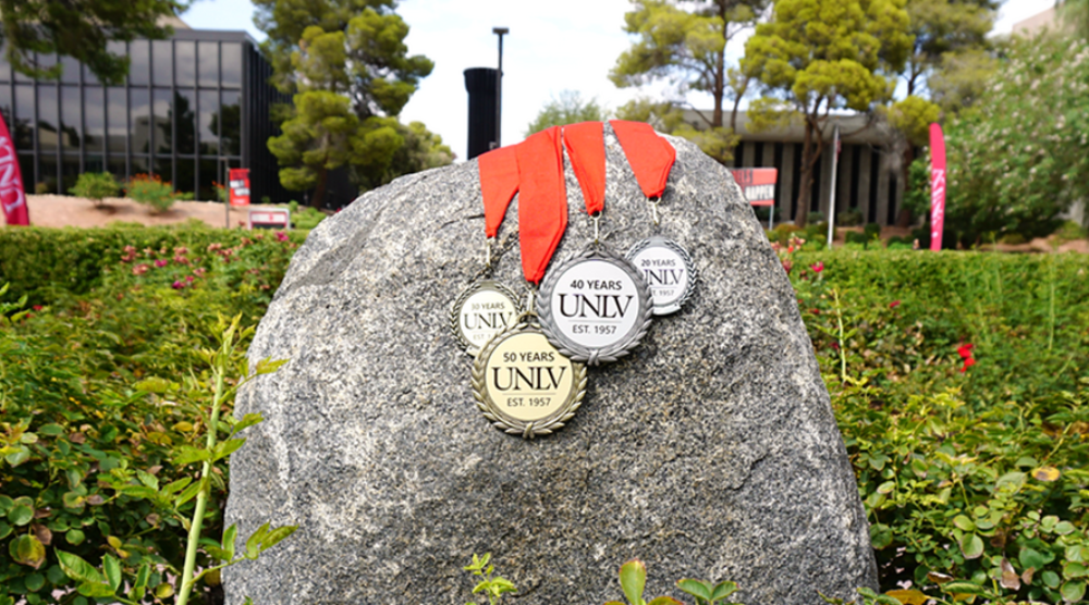 Faculty length of service medals reading UNLV 20 years 30 years 40 years and 50 years