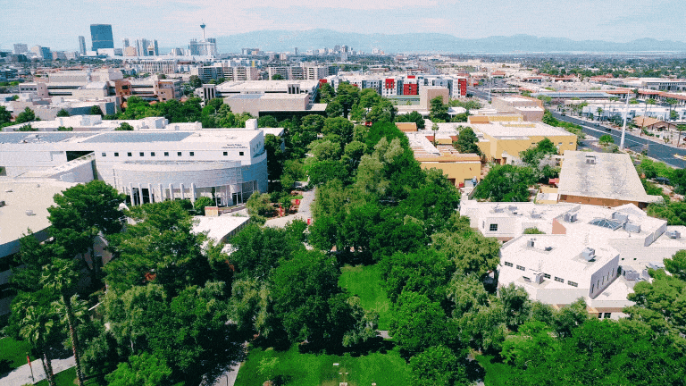 UNLV Business Affairs All-Staff Meeting September 28 over an aerial drone view of campus