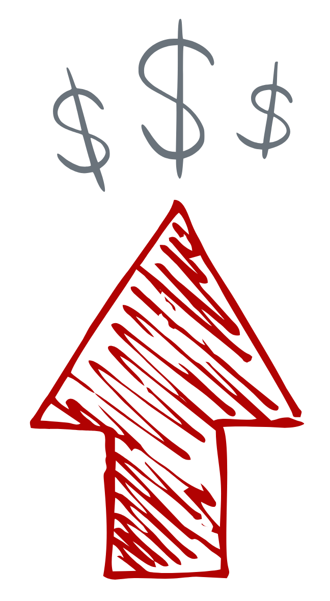 arrow pointing up toward dollar signs