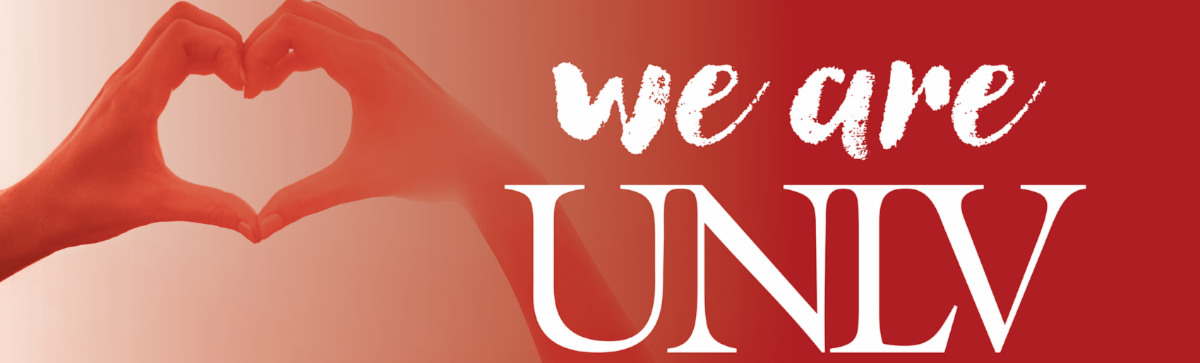 unlv strong in red and white letters with two hands in the shape of a heart