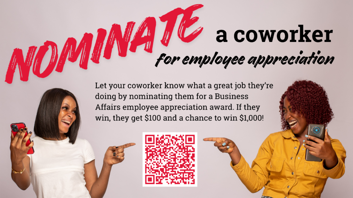 Recognize an employee within Business Affairs image. 