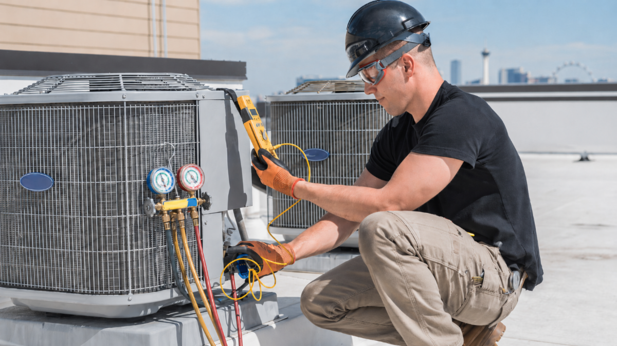 Man with HVAC equipment kneeling and working on an air conditioning unit with Las Vegas skyline in the background
