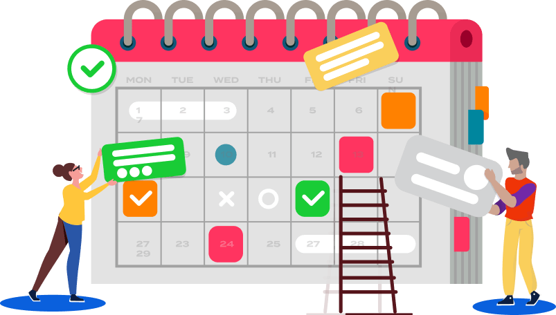 Decorative clipart of people building a calendar