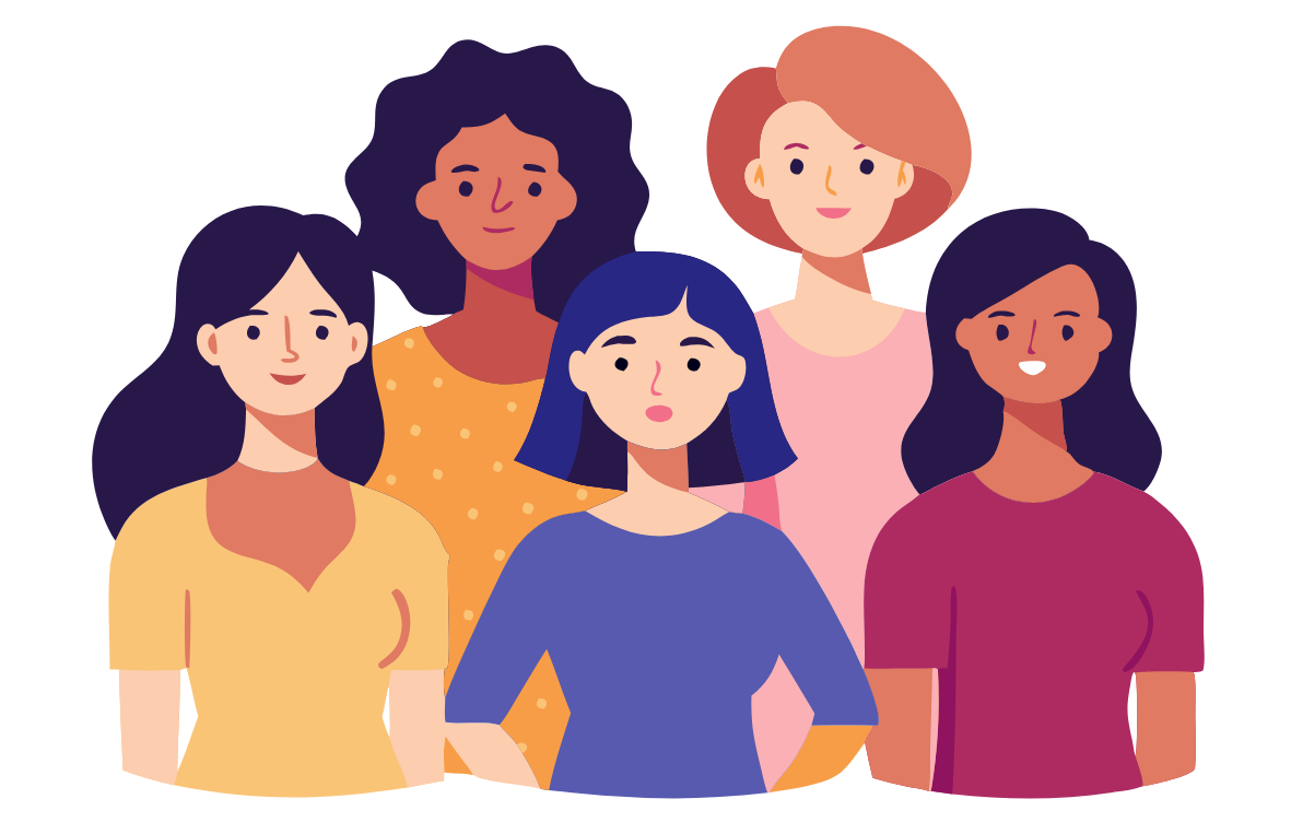 5 women with different colored hair, skin, and clothing