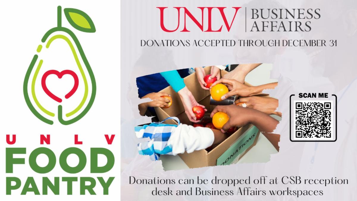 UNLV Food Pantry and Business Affairs logo to donate at the UNLV Pantry