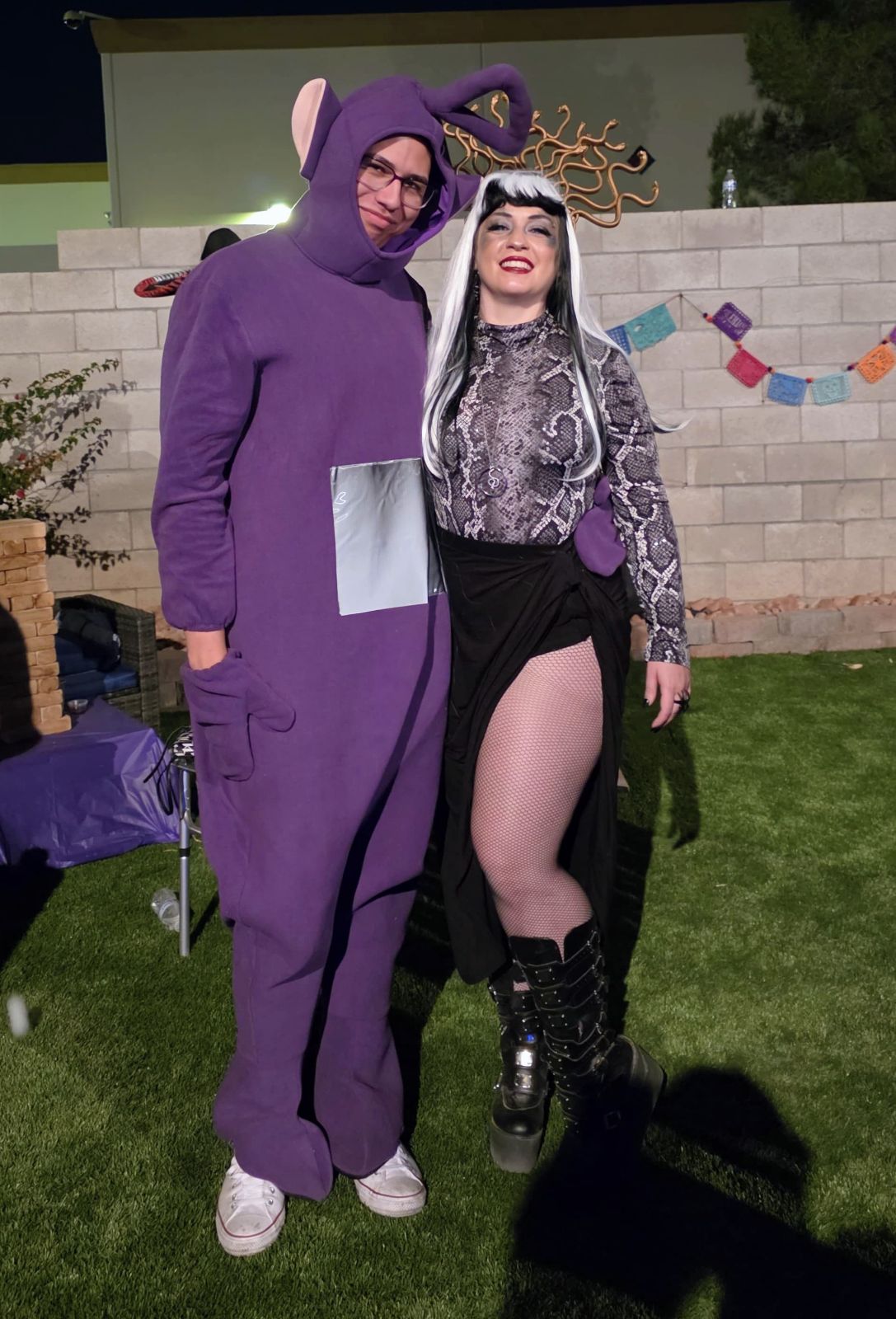 Jessie Devine and boyfriend dressed as Medusa and Tinky Winky