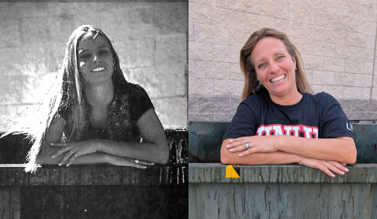 A before and after picture of Tara Pike from 30 years ago to now in 2025. She is posing the same way she did back in 1995.