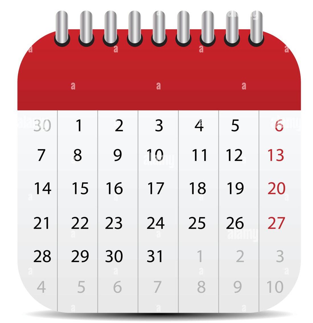 image of a generic calendar with red header and white body with black number text.