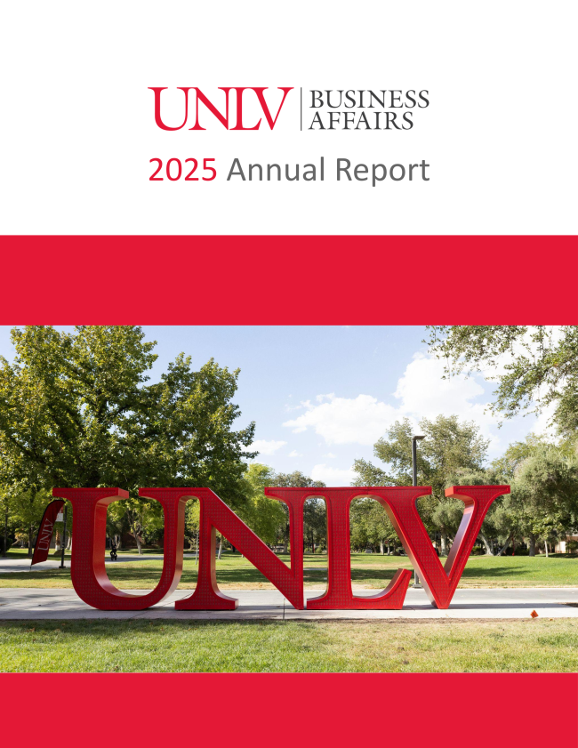 UNLV Business Affairs 2025 Annual Report cover, shows UNLV letters statue