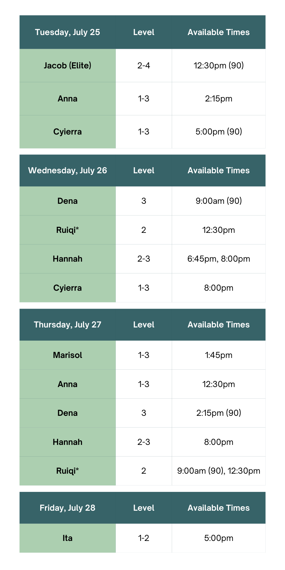 Massage Appointments Available 07/25 - 7/28/23