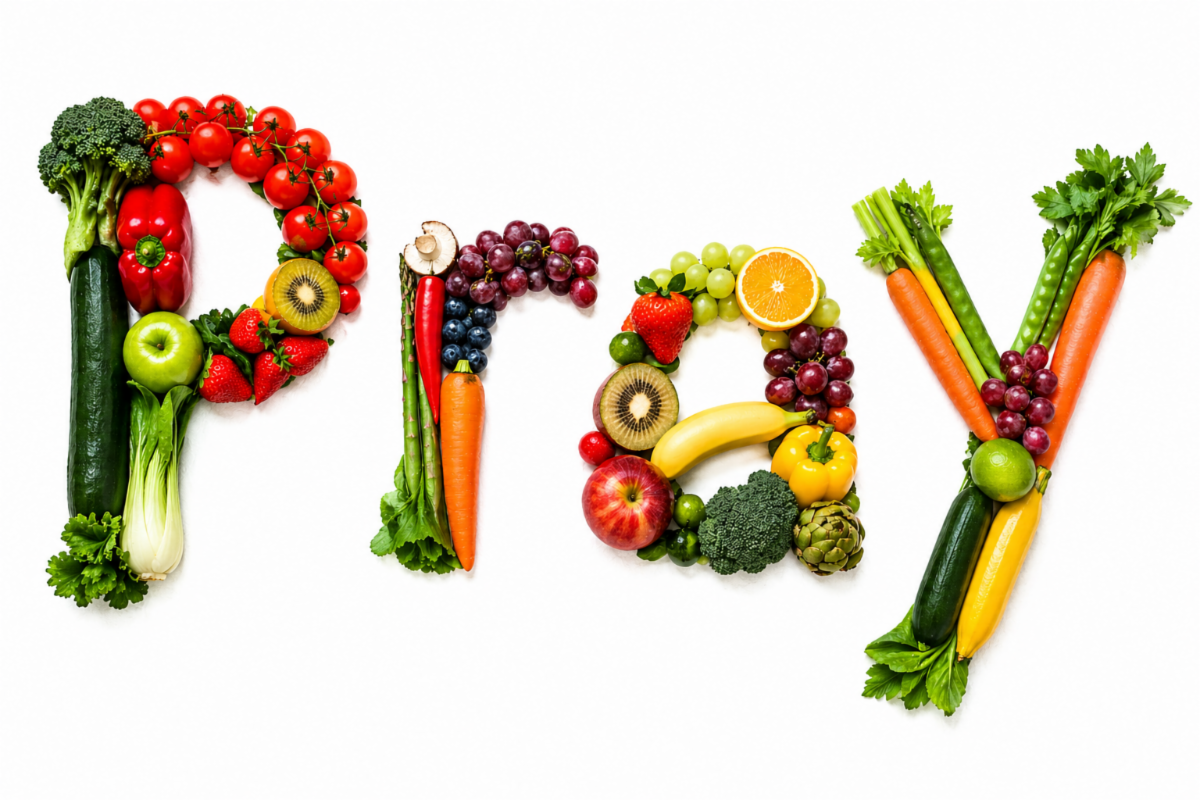 The word Pray made of vegetables