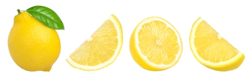  ripe lemon fruit with leaves_ half and slice isolated_ Fresh and Juicy Lemon_ collection_ cut out 