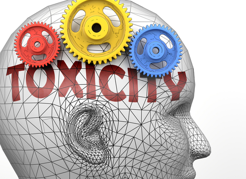 Toxicity and human mind - pictured as word Toxicity inside a head to symbolize relation between Toxicity and the human psyche_ 3d illustration
