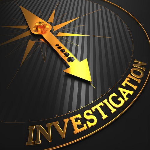 Investigation - Business Background. Golden Compass Needle on a Black Field Pointing to the Word  Investigation . 3D Render.