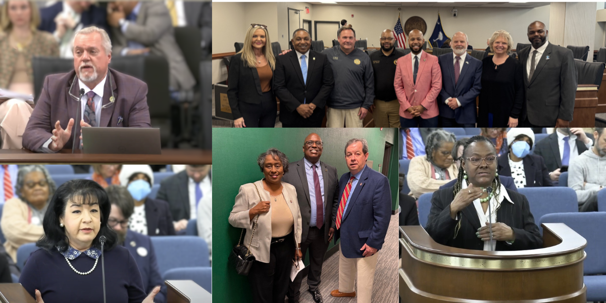 Clockwise from left: a man in business attire speaks at a podium; coroners and two senators pose in a Senate chamber; two men and a woman in business attire stand against a green wall; and a woman speaks in a committee meeting.