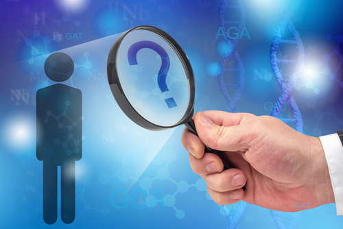 Study of human genetics. Study of genetic diseases. Helix of human DNA. Research and treatment of genetic diseases. Research of DNA mutations. A geneticist studies a person under a magnifying glass.