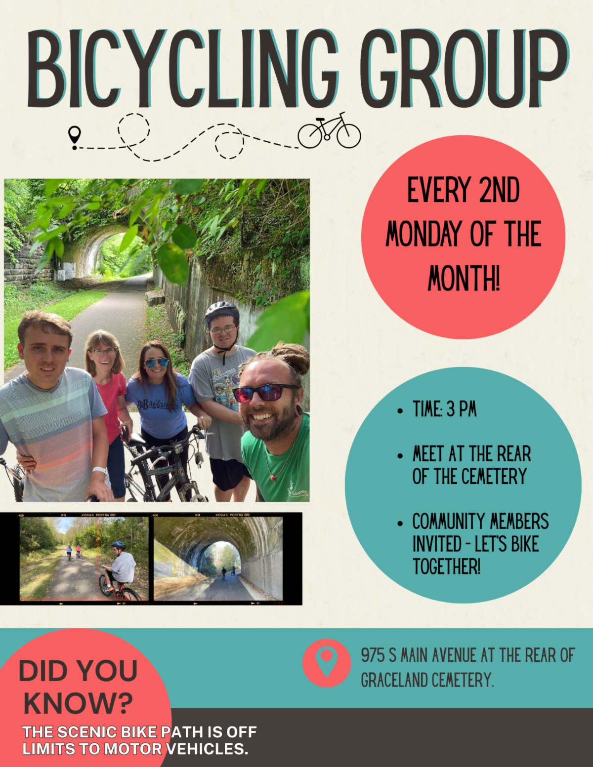 Flyer for Bicycle Group featuring photos of bikers, every 2nd Monday of the Month at the back of Graceland Cemetery