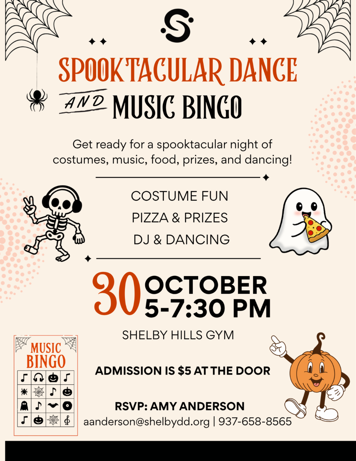 Spooktacular Dance & Music Bingo event flyer. Contact Amy Anderson for more details. aanderson@shelbydd.org