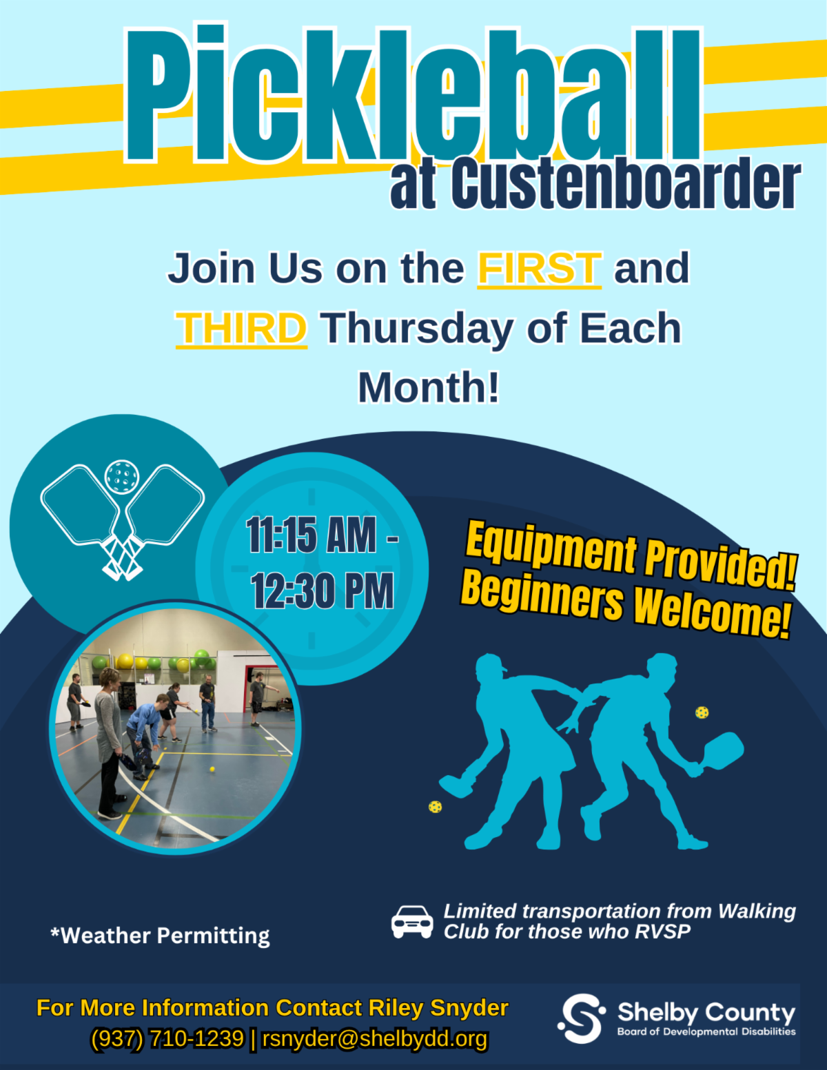 Flyer promoting Pickelball - contact Riley Snyder at rsnyder@shelbydd.org or 937-710-1239