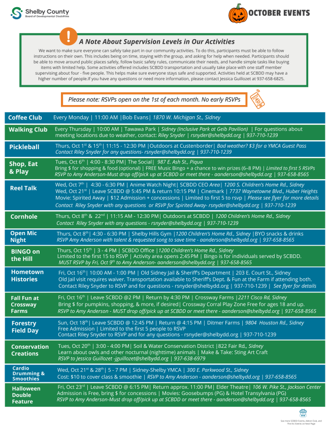 October Events Calendar with dates and times of events. 