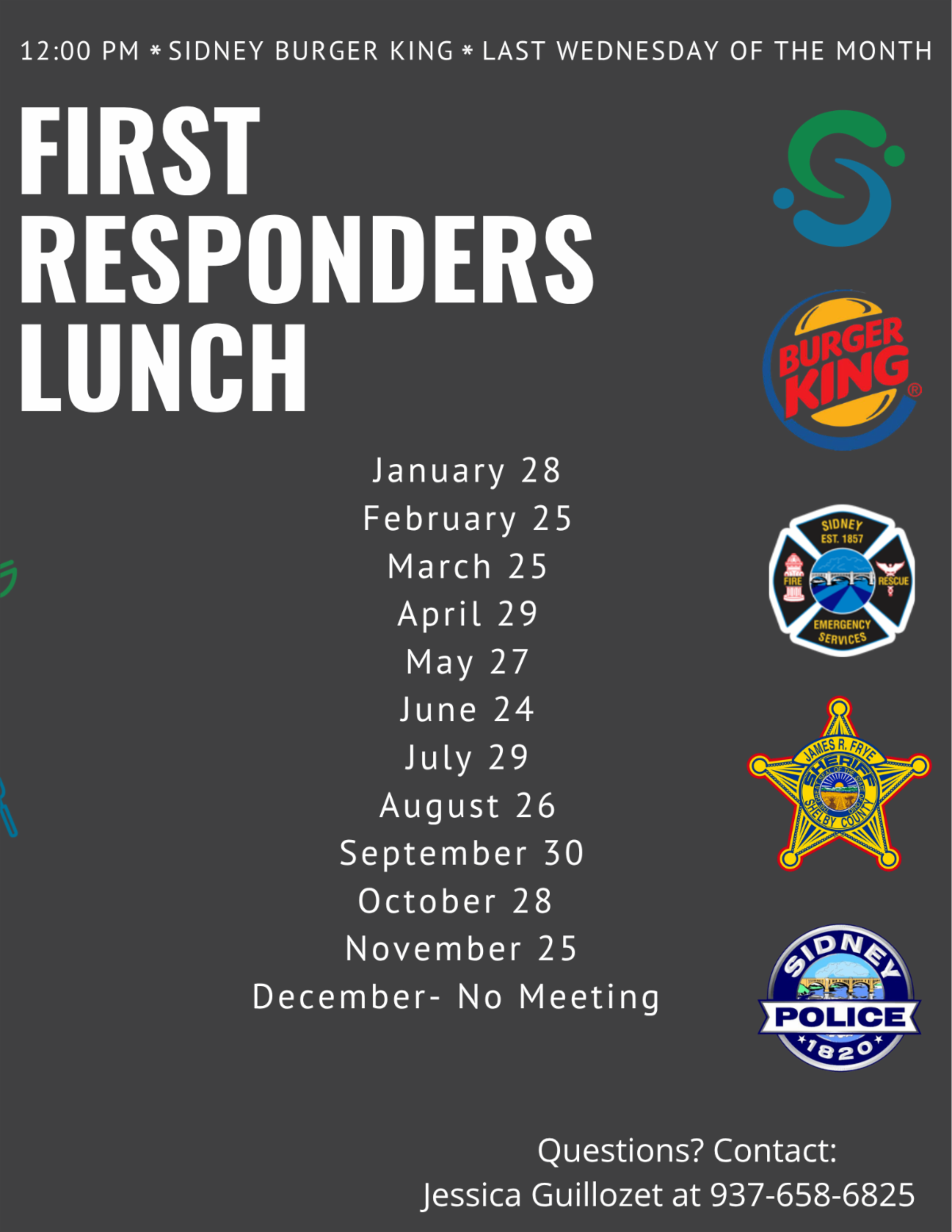 2026 First Responders Lunch Calendar. For more information contact Jessica Guillozet at jguillozet@shelbydd.org