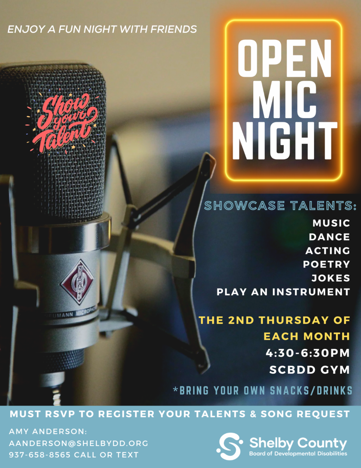 Flyer for Open Mic Night featuring an anime-style graphic, with event dates