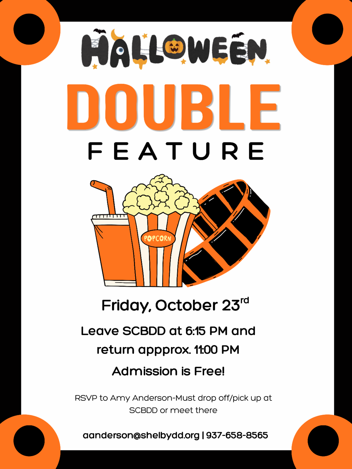 Halloween Double Feature Flyer contact Amy Anderson at aanderson@shelbydd.org
