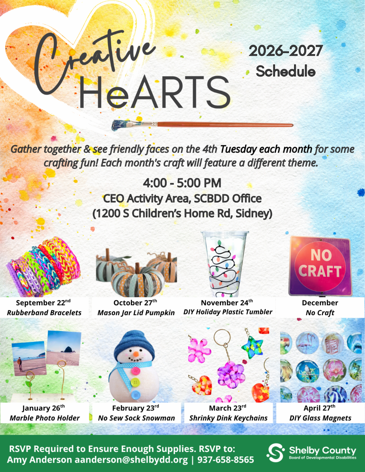 2026 Creative Hearts Craft Calendar. For more information contact Amy Anderson at aanderson@shelbydd.org