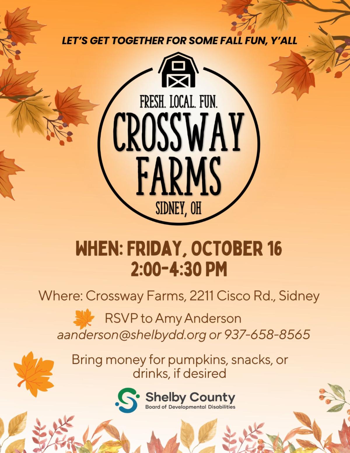 Flyer for Crossway Farms Fun Day- Contact Amy Anderson for more details. aanderson@shelbydd.org