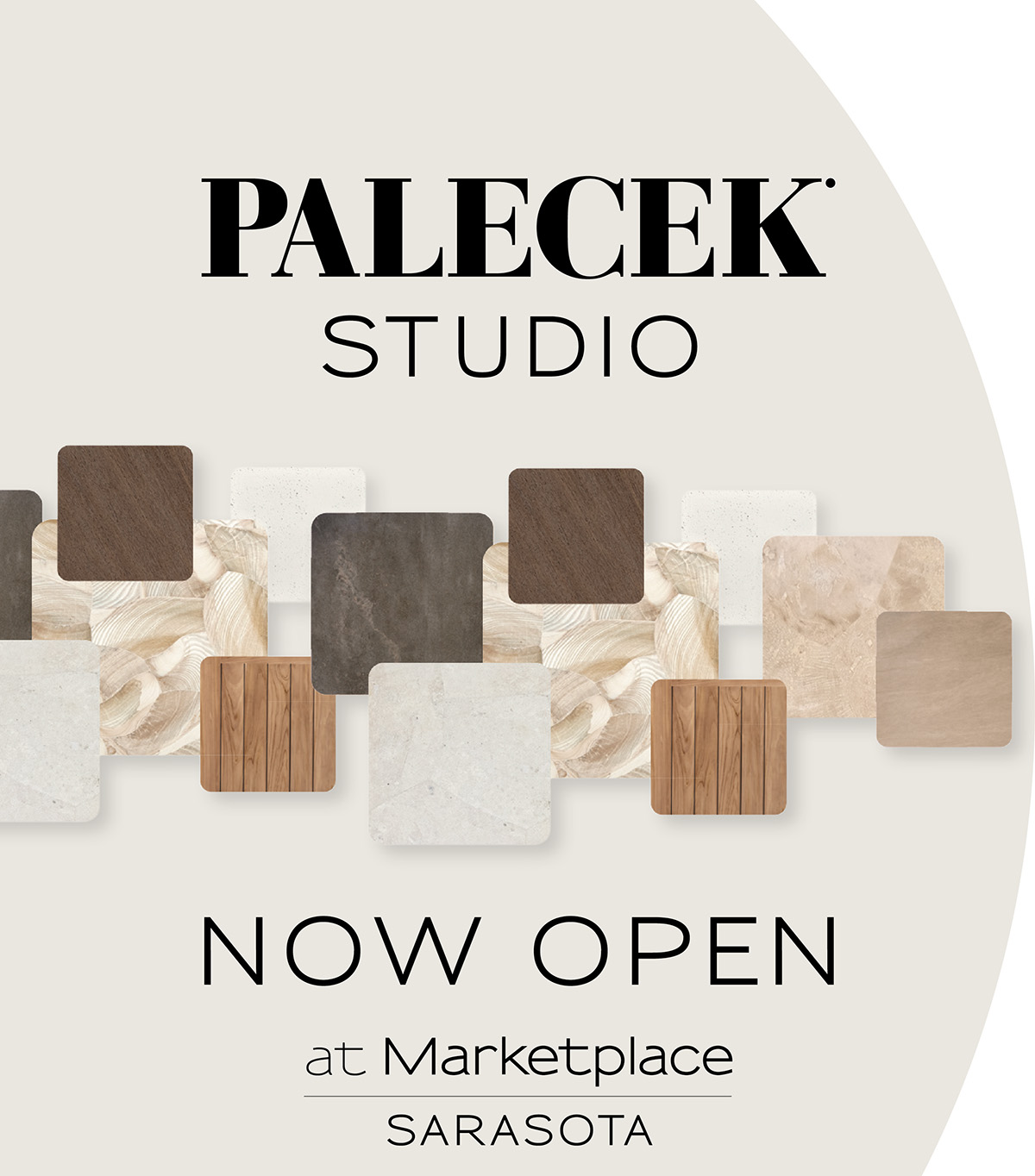 Palecek Studio logo above the words "Now Open at Marketplace Sarasota," set against a cream background with an arrangement of natural material swatches — dark wood, stone, and woven textures.