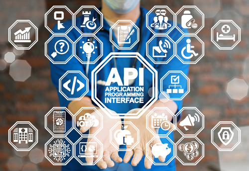 API - Application Programming Interface Healthcare concept. Doctor using virtual interface offers api text icon. Developing medical app.
