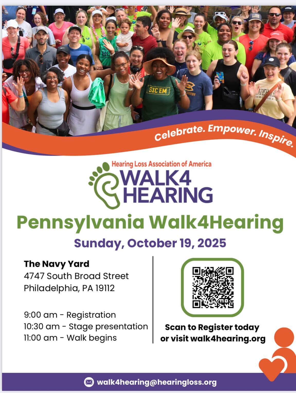 Hearing Loss Association of America. Pennsylvania Walk4Hearing. October 19 at The Navy Yard in Philadelphia. 9 AM starts registration. Scan the QR code to register or visit walk4hearing.org.
