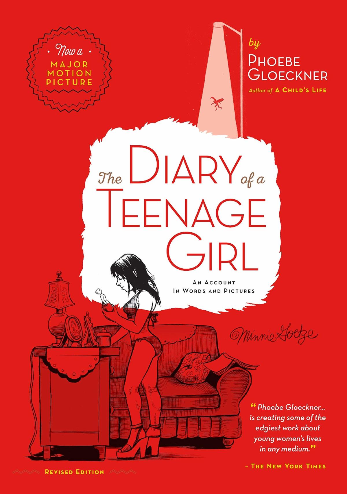 Red book cover with comic illustration "The Diary of a Teenage Girl"