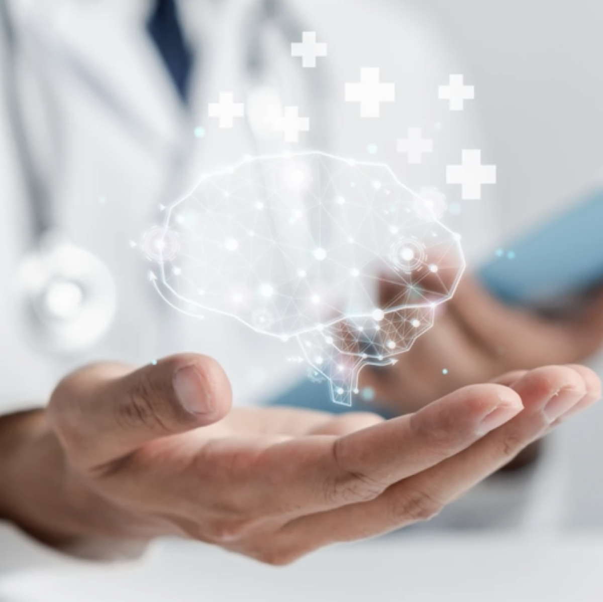 Person holding a digital hologram of a brain, representing technology and neurology.